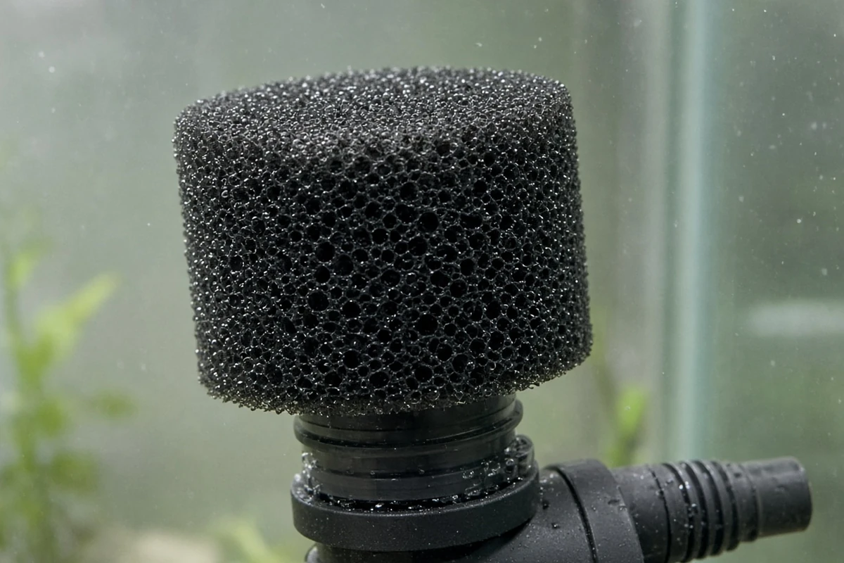 Close view of a sponge prefilter on a pump inlet