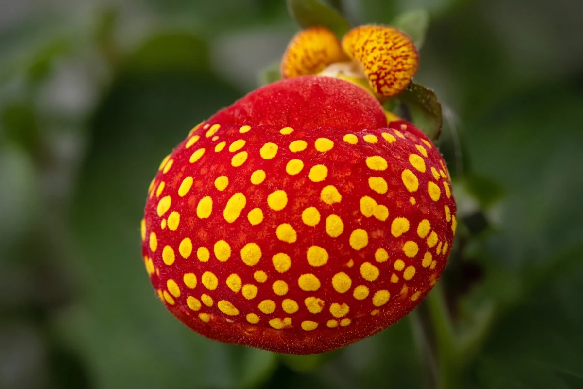 Close view of a spotted pouch shaped flower