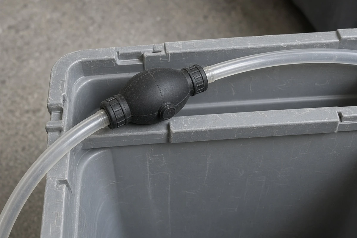 Close view of a squeeze bulb on a siphon hose