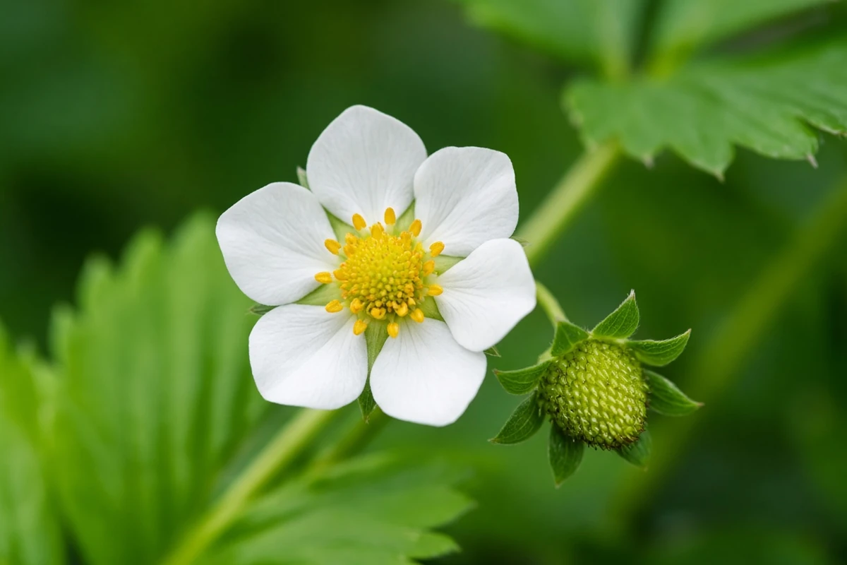 Close view of a strawberry flower and young fruit