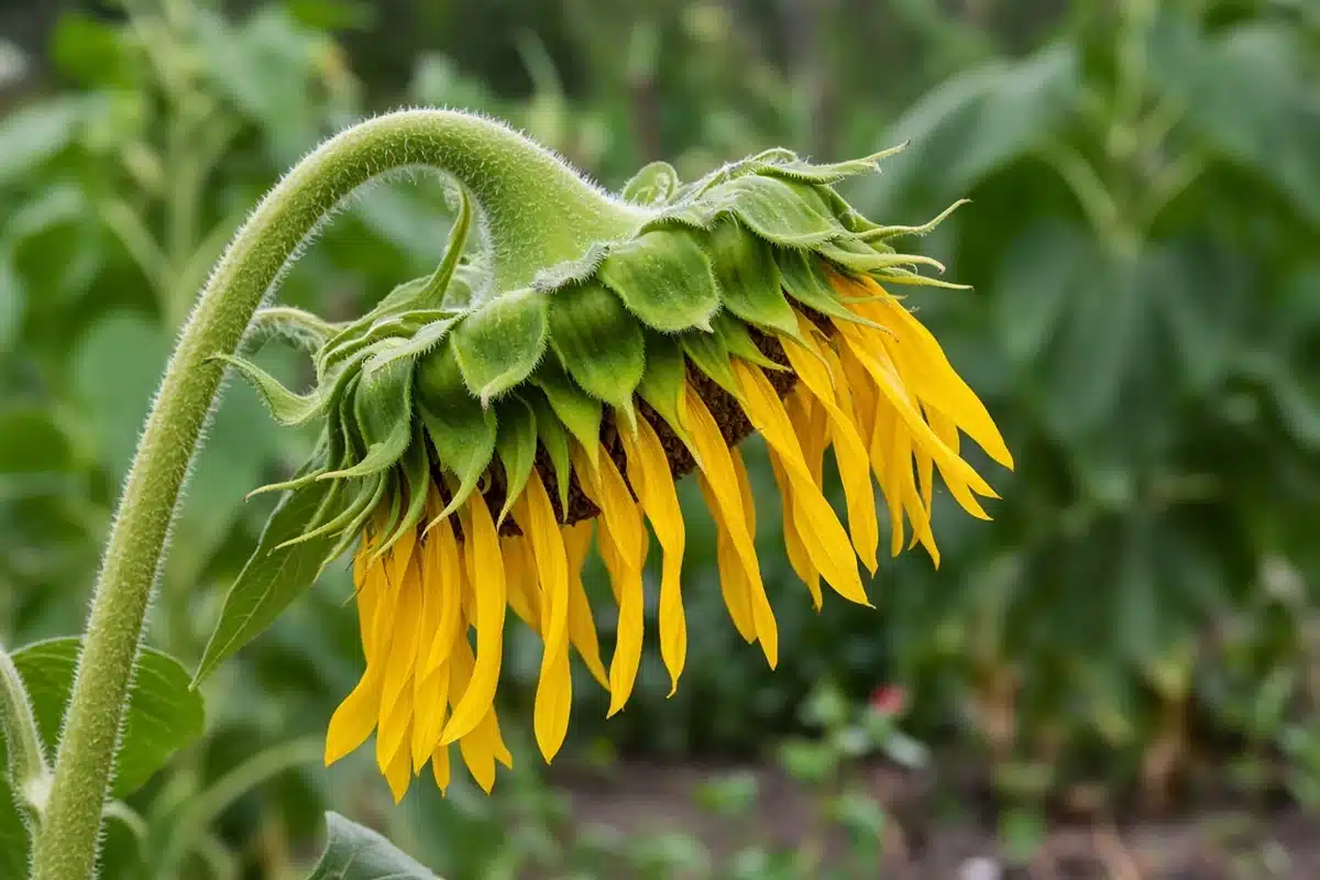 Close view of a sunflower head facing down
