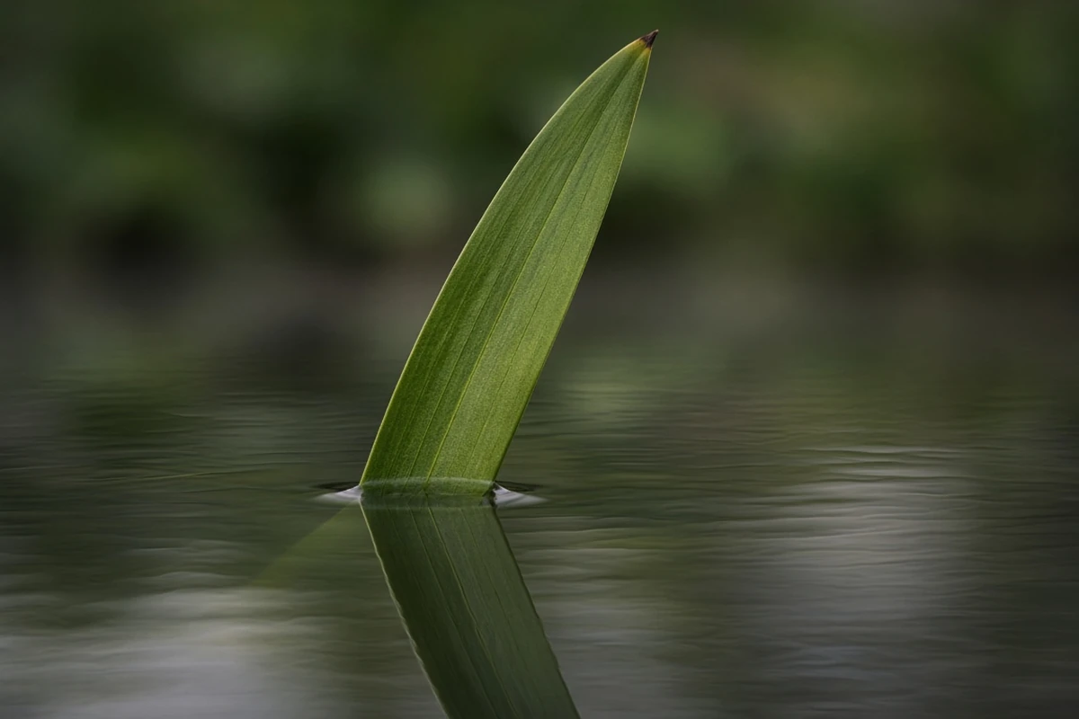Close view of a sword shaped leaf rising from water