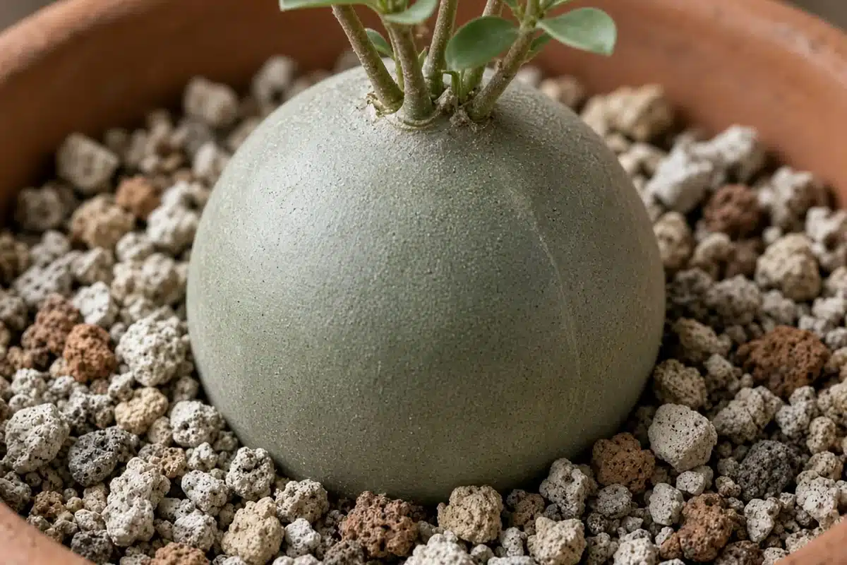 Close view of a thick caudex above gritty soil