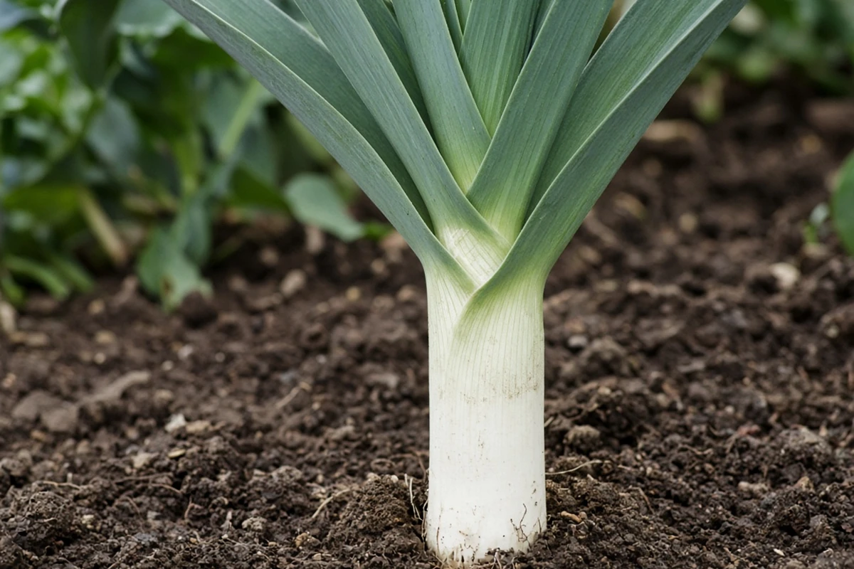 Close view of a thick white leek shaft