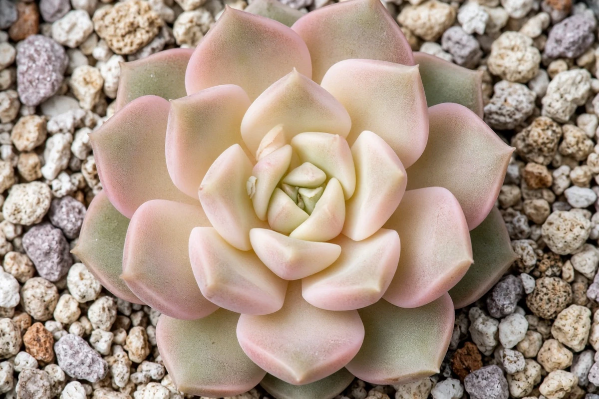 Close view of a tight pastel succulent rosette