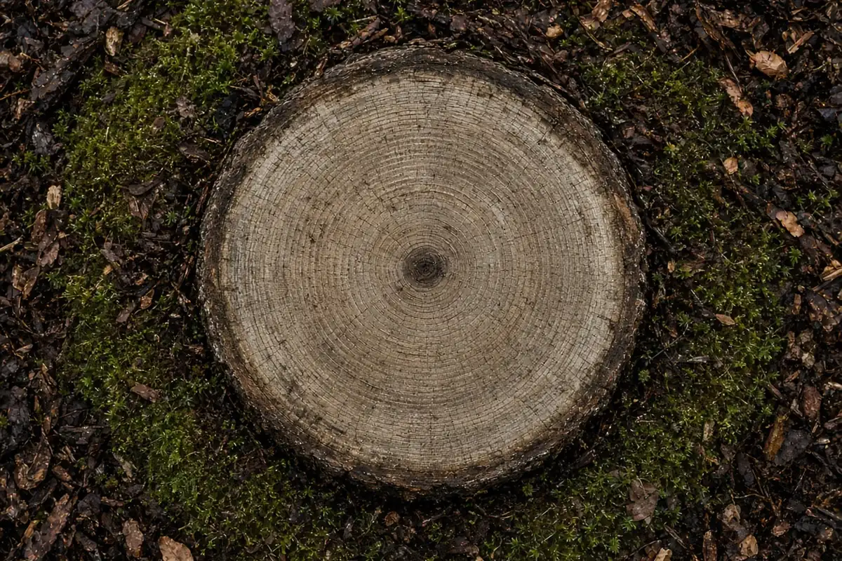 Close view of a tree slice showing growth rings in a path