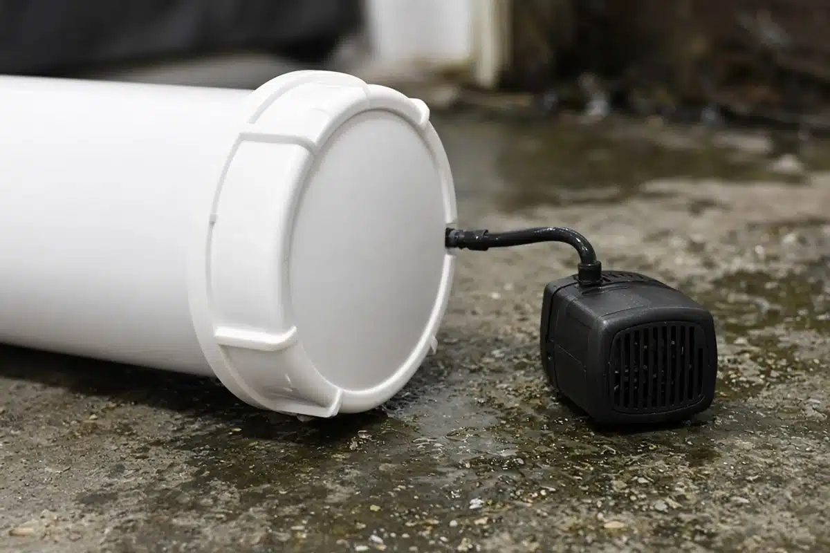 Close view of a UV unit housing beside a pump