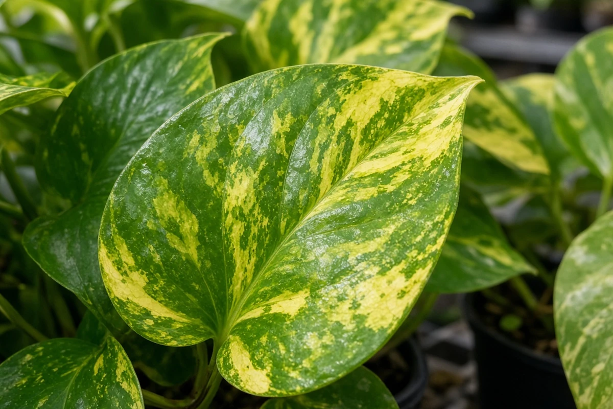 Close view of a waxy pothos leaf