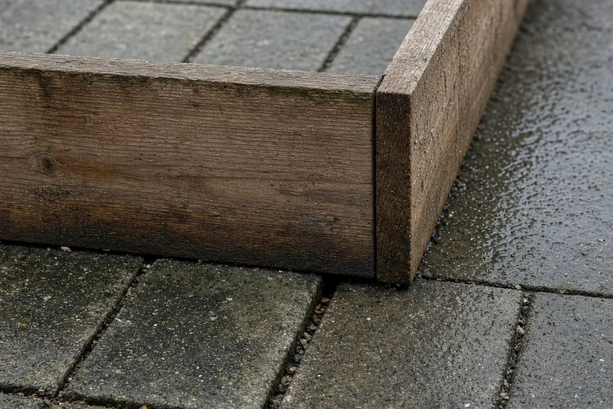 Close view of a wooden bed corner resting on wet pavers