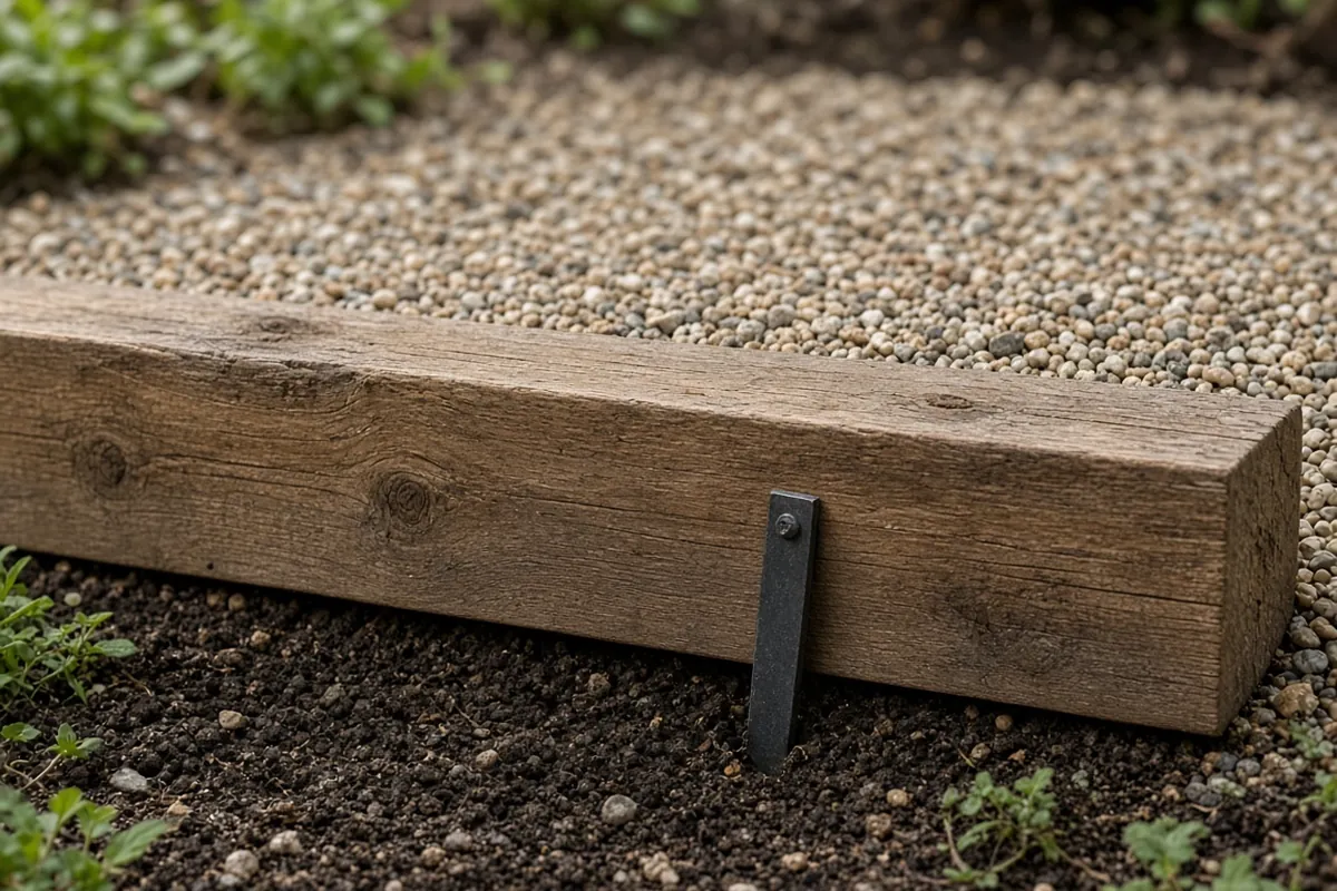 Close view of a wooden riser with a gravel tread