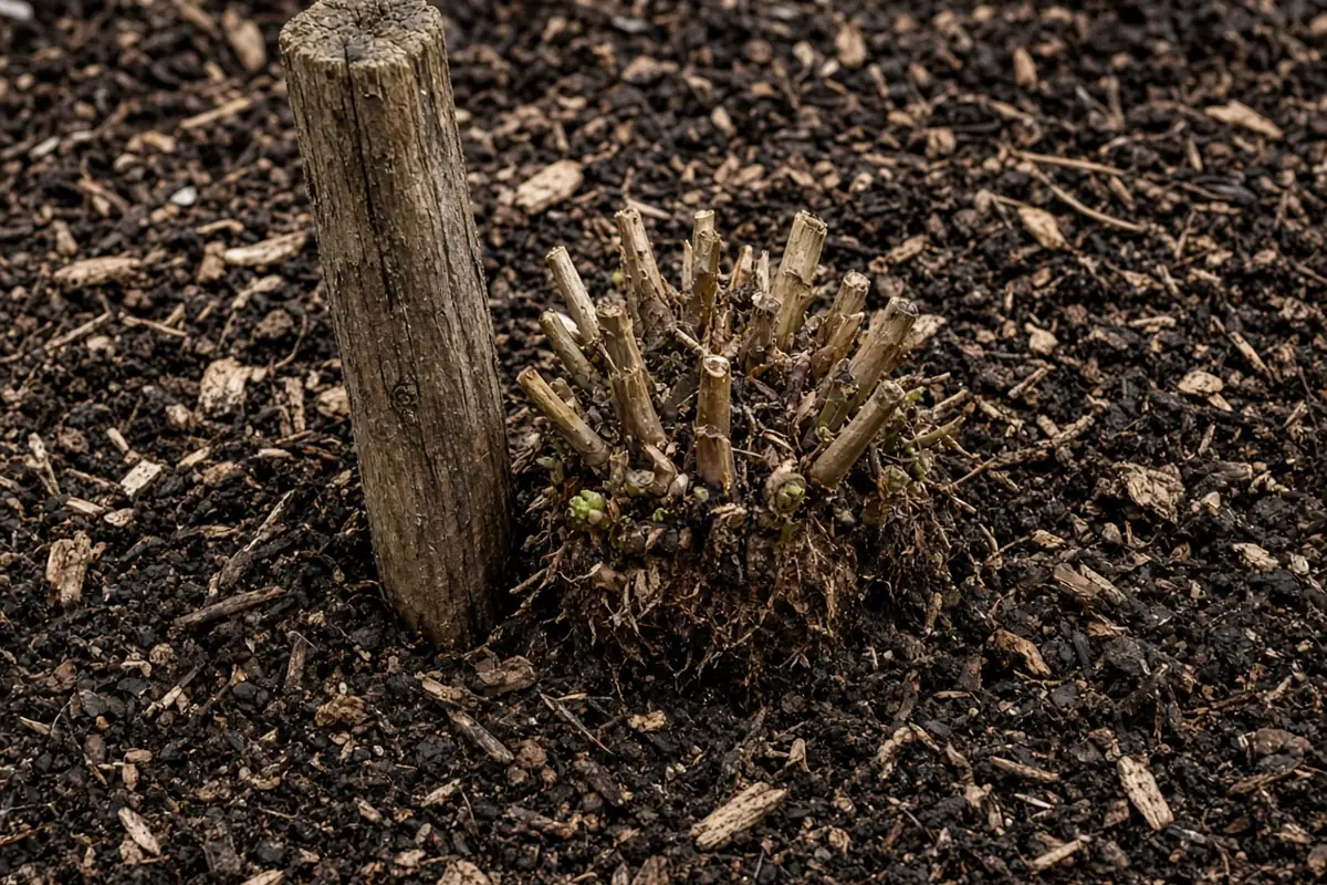 Close view of a wooden stake next to a perennial crown