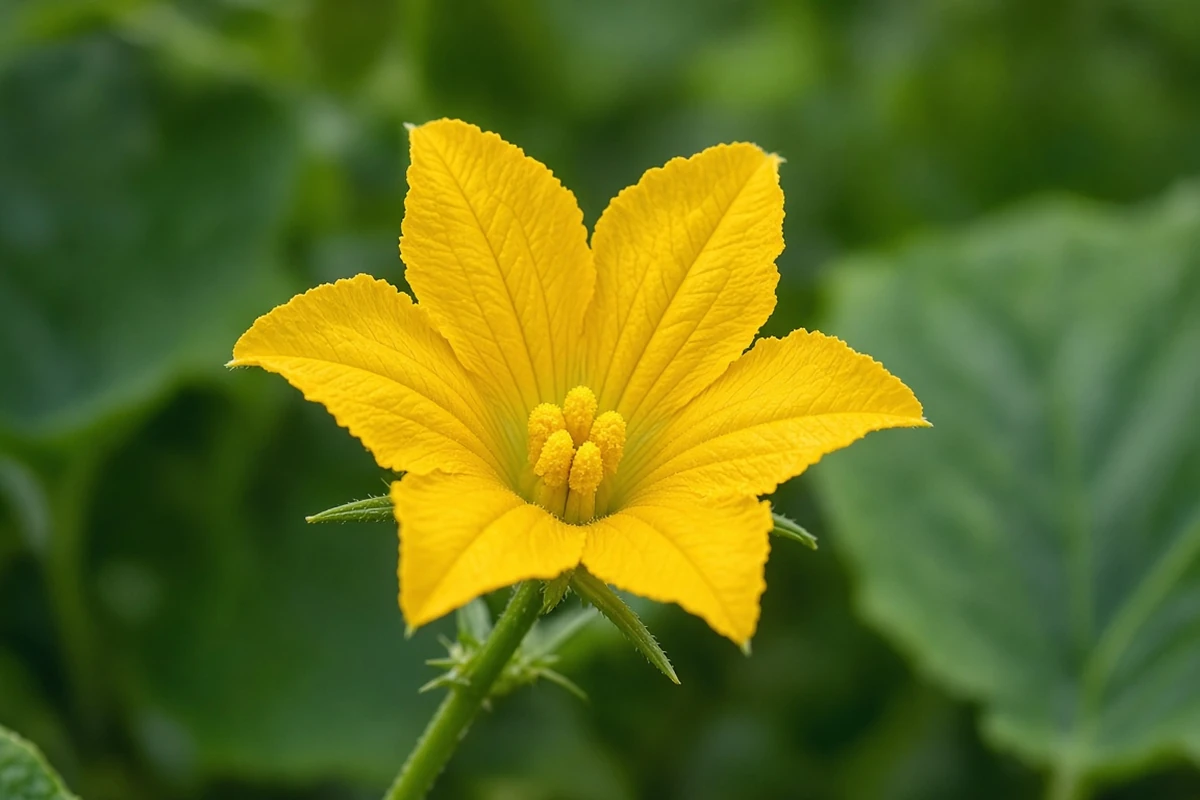 Close view of a yellow cucumber flower on a thin stem