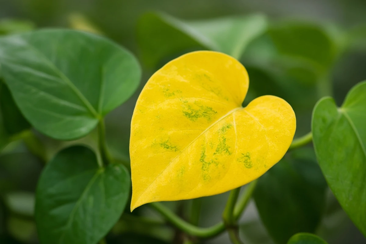 Close view of a yellow pothos leaf on a vine