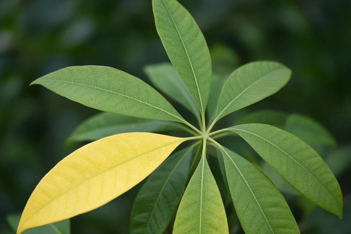 Close view of a yellowing pachira leaflet