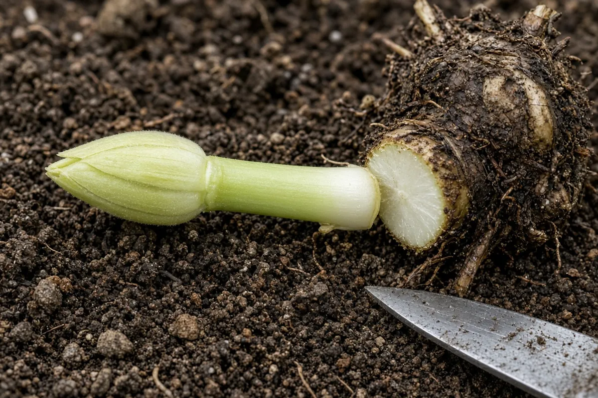 Close view of a young shoot cut at the crown