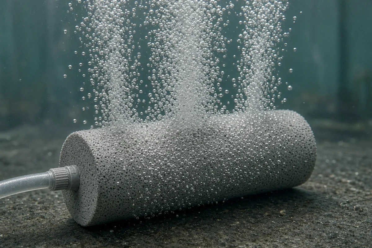 Close view of an air stone releasing fine bubbles