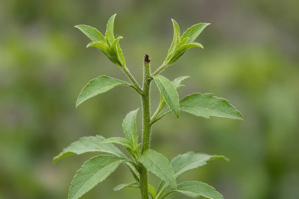 Close view of an aster stem pinched back in early summer