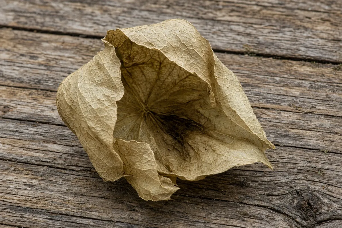 Close view of an empty dried papery husk on old wood