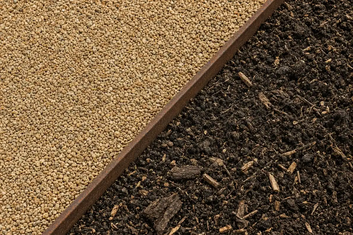 Close view of compacted fine crushed rock with steel edging