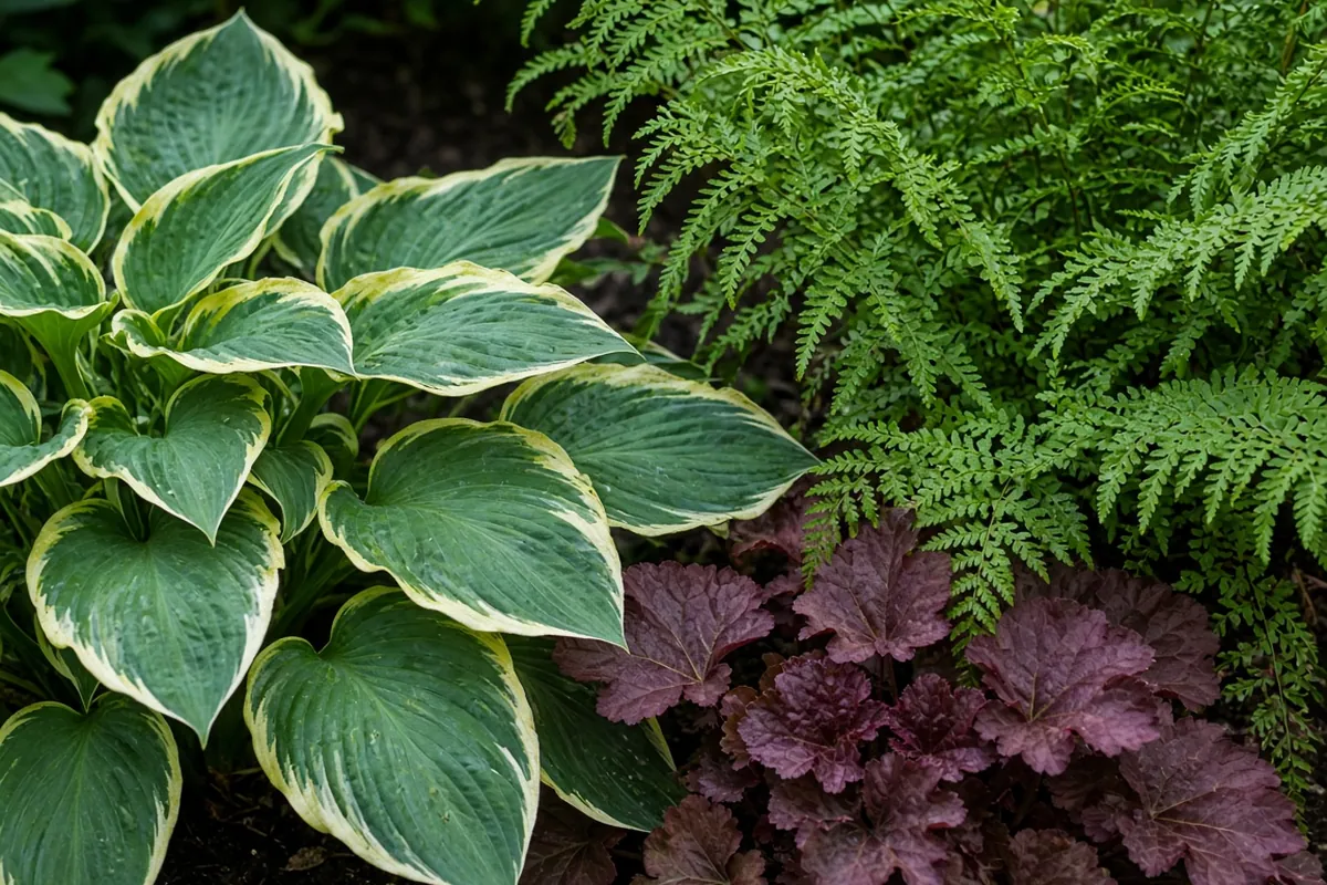 Close view of contrasting shade plant foliage