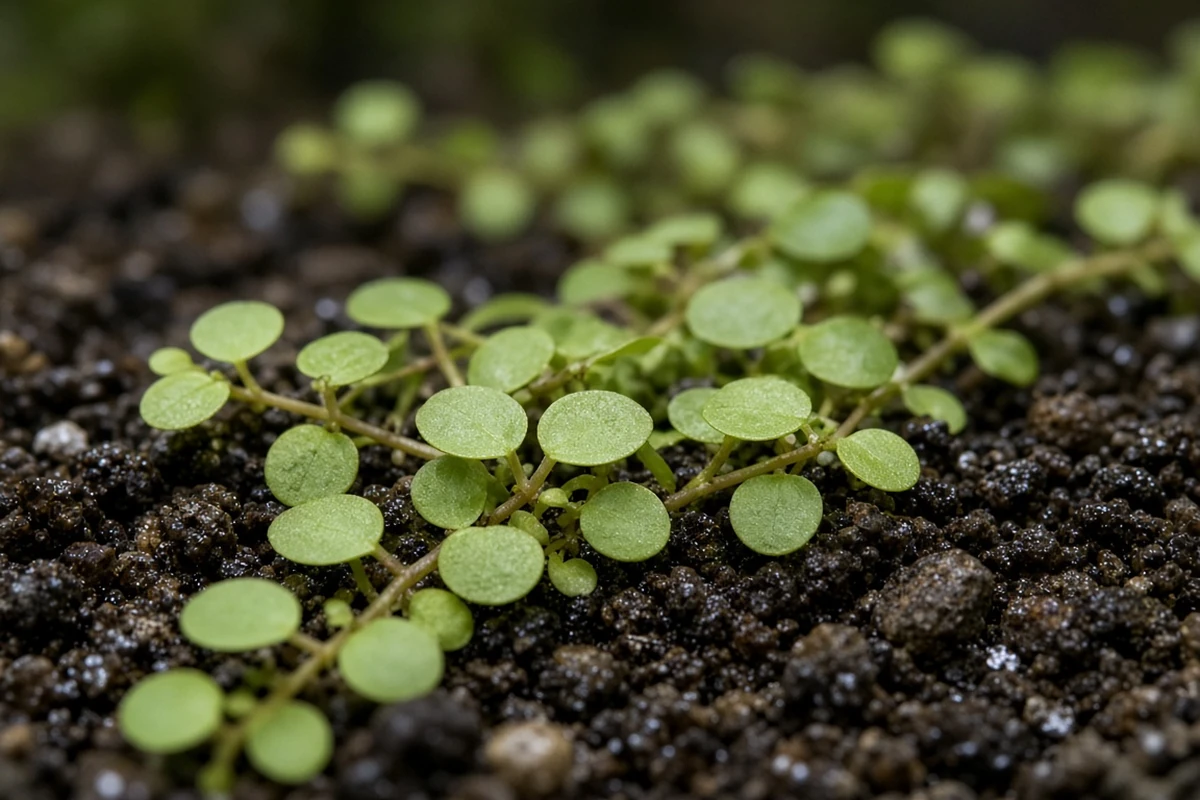 Close view of creeping micranthemum stems on wet media