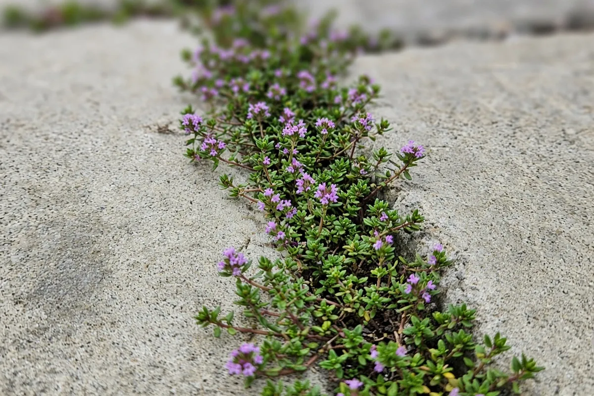 Close view of creeping thyme between paving strips