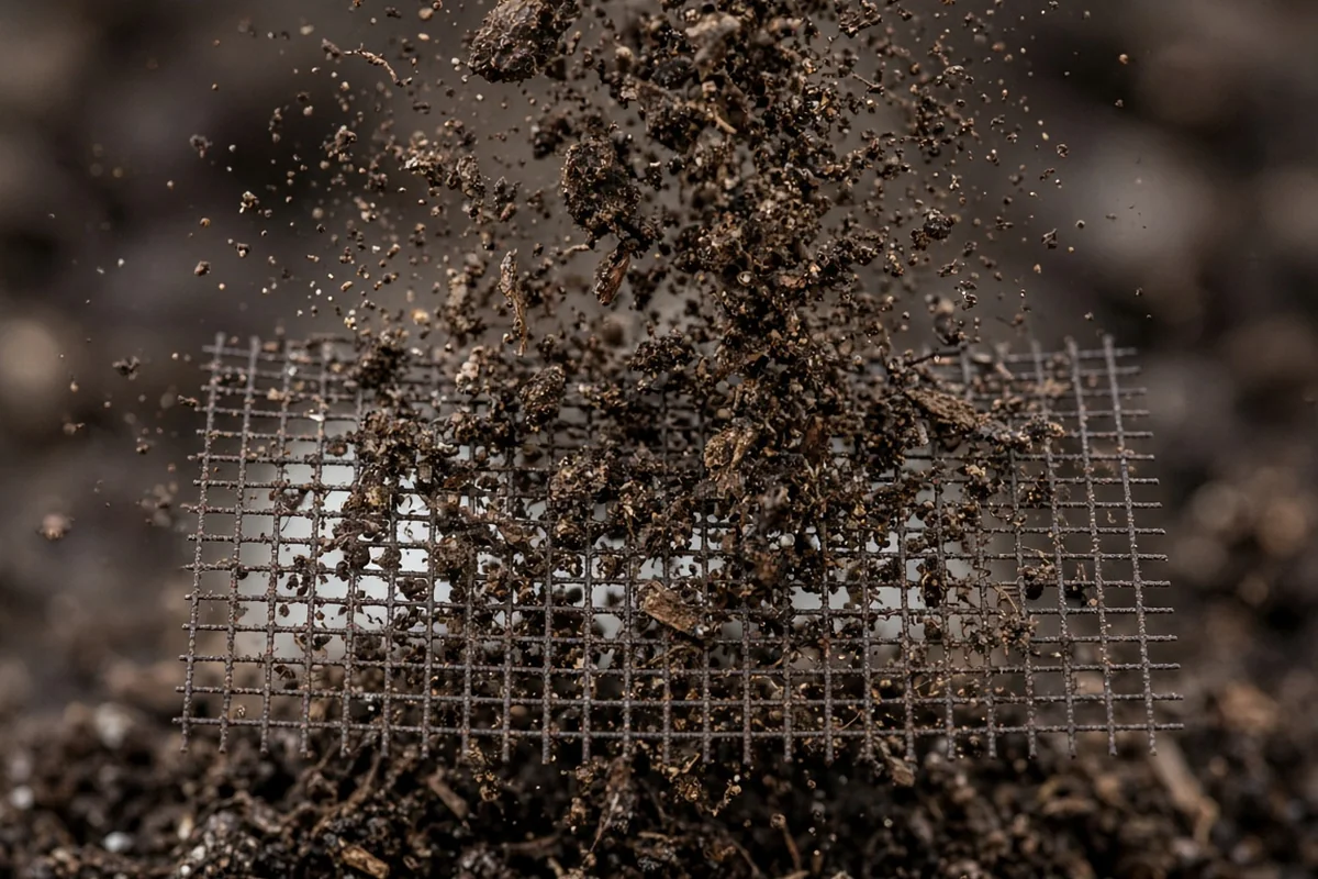 Close view of crumbly compost falling through wire mesh