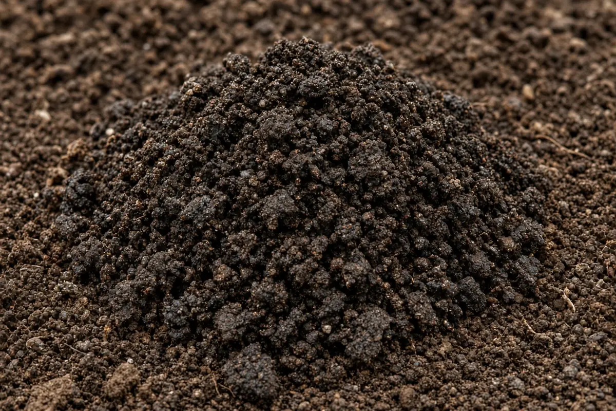 Close view of crumbly worm castings on the soil surface