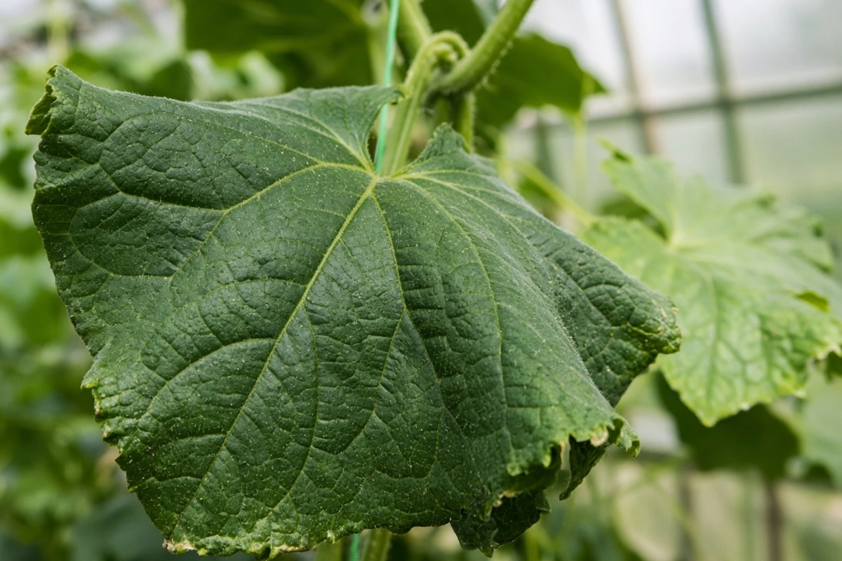 Close view of curled cucumber leaves