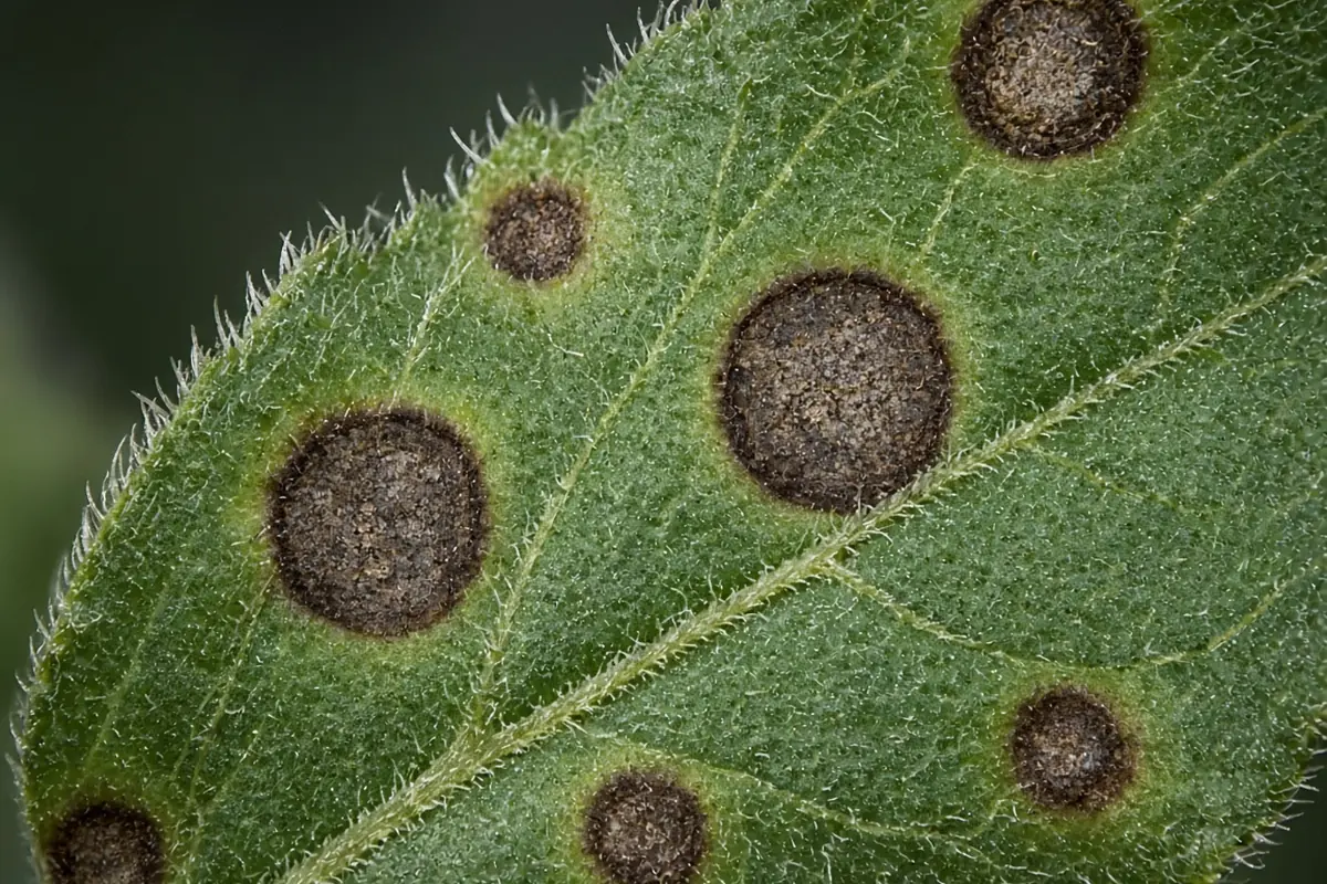 Close view of dark spots on a rudbeckia leaf