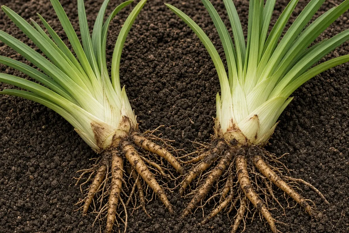 Close view of daylily fans with roots