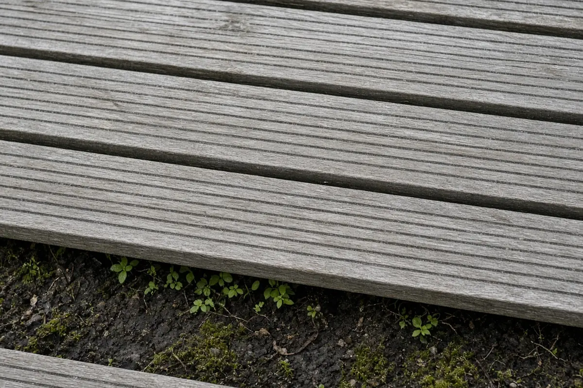 Close view of deck boards with small gaps above moist soil