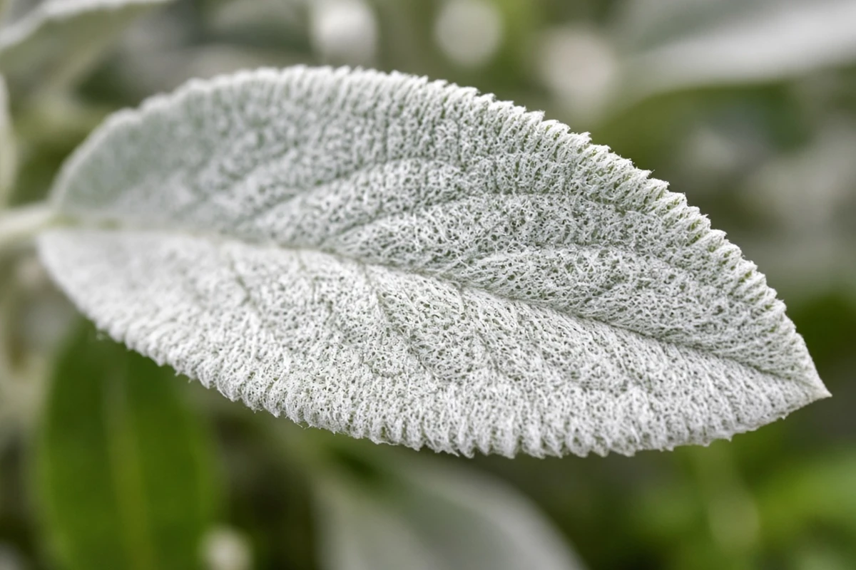Close view of dense woolly hairs on a leaf