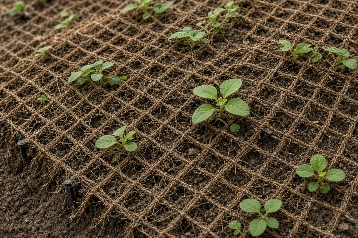 Close view of erosion netting with young plants