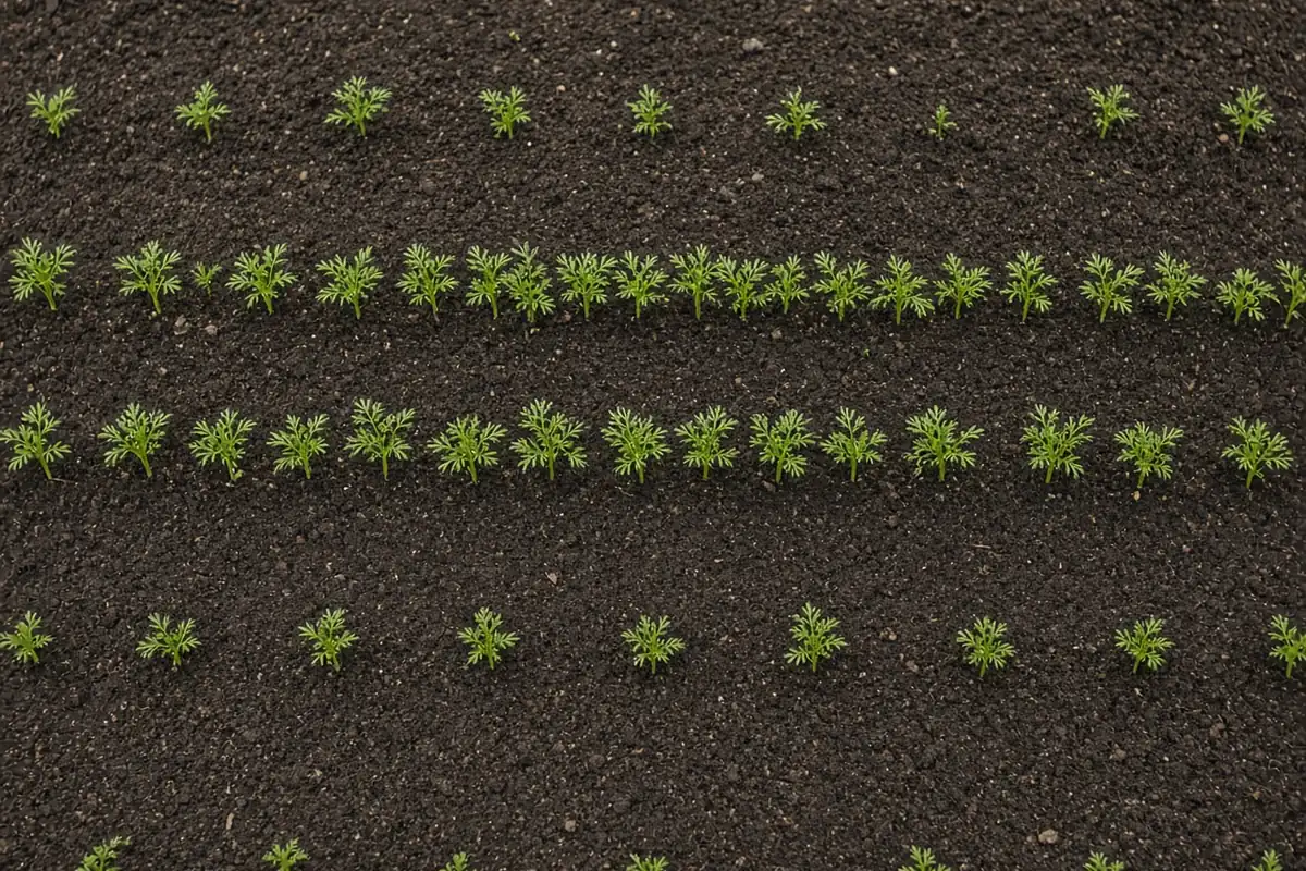 Close view of evenly spaced carrot seedlings in a band