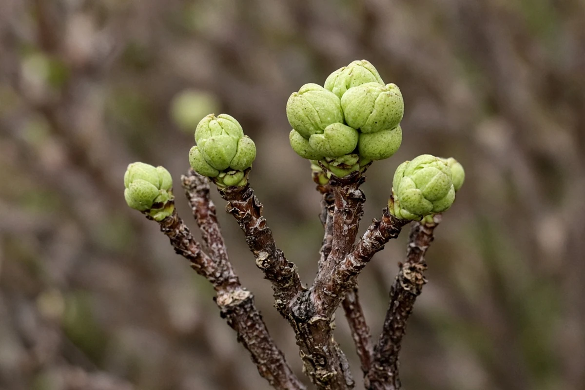 Close view of fat flower buds on old hydrangea stems