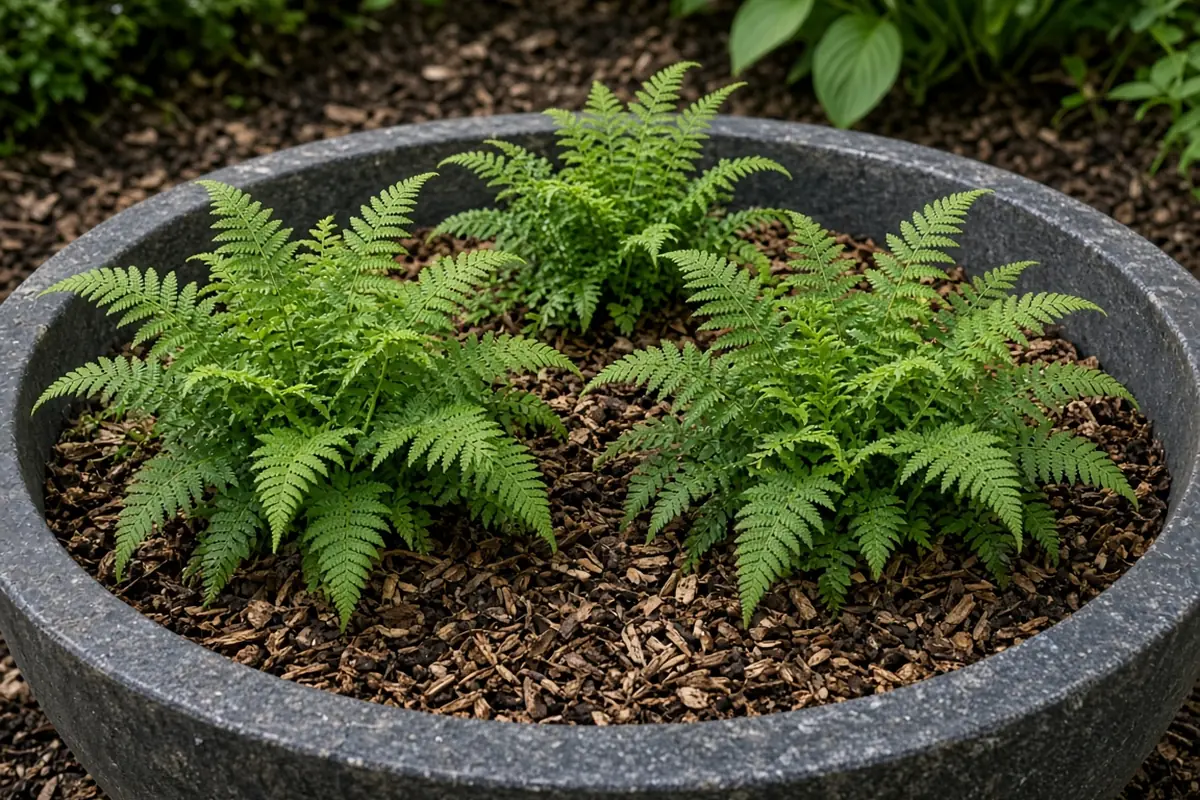 Close view of ferns growing in a mulched basin