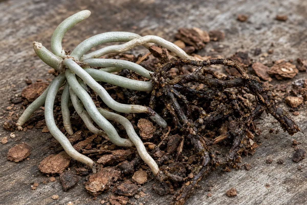 Close view of firm green and mushy brown orchid roots