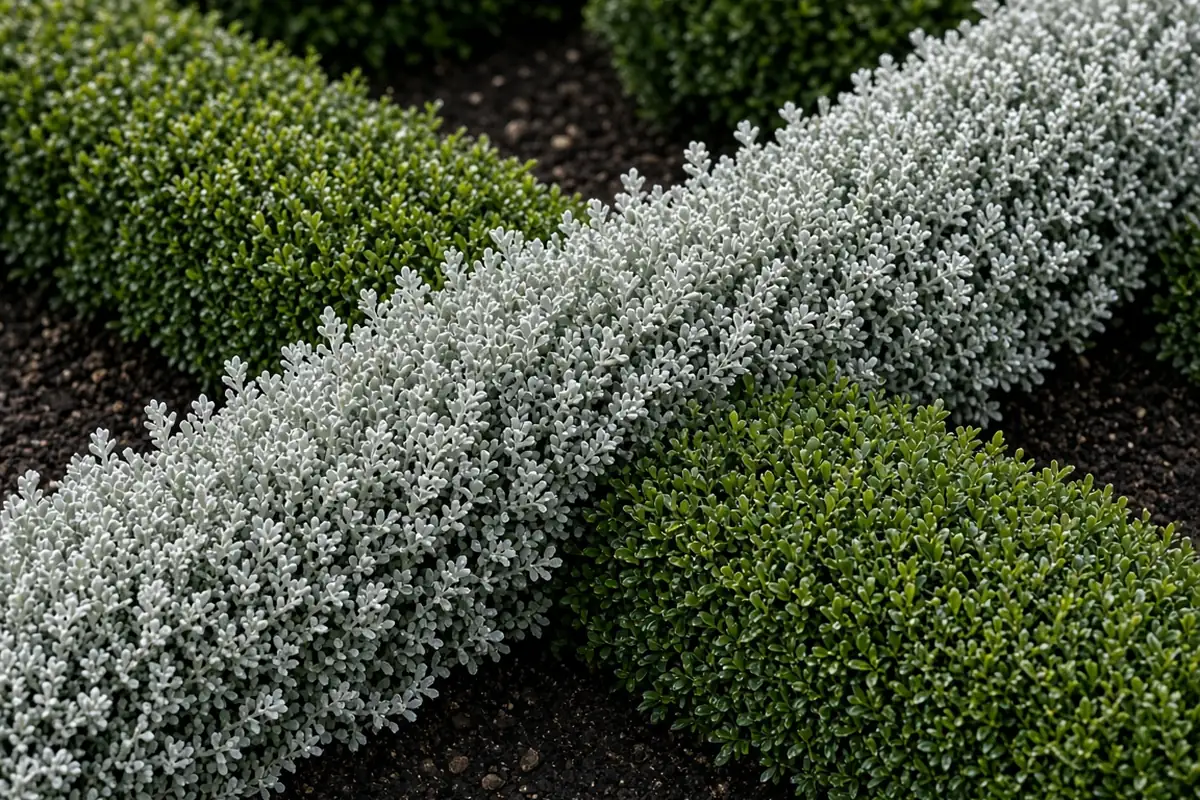Close view of gray and green lines crossing in a knot garden