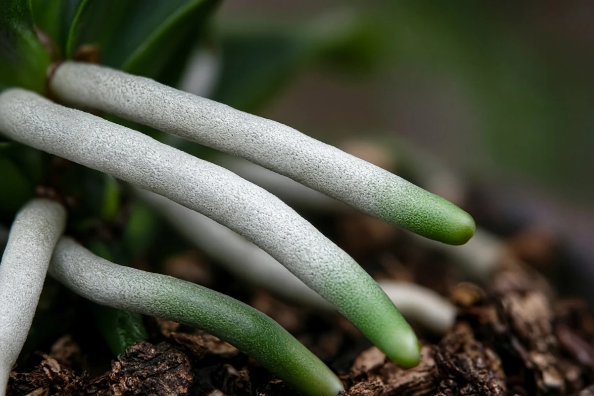Close view of green and silver orchid roots