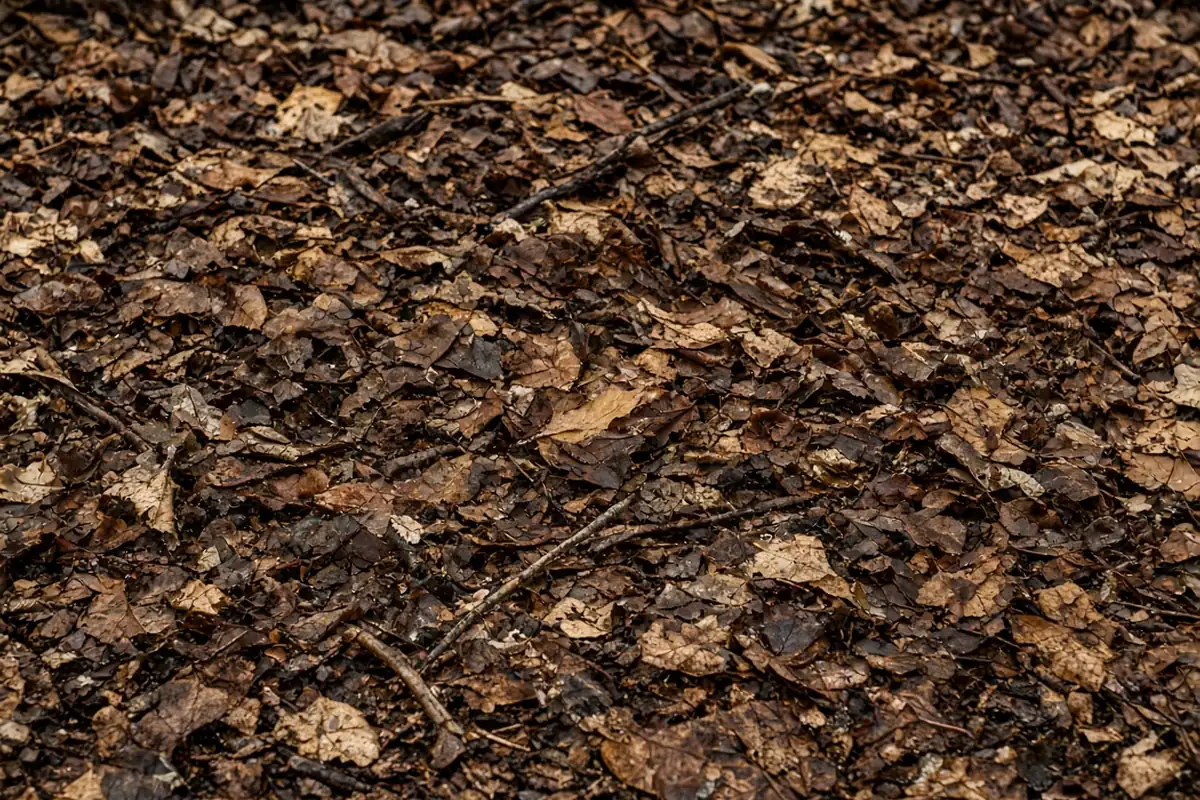 Close view of leaf and twig layers in a bed