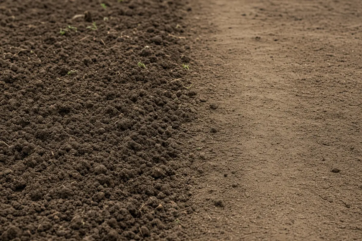 Close view of loose soil in a bed beside a firm path