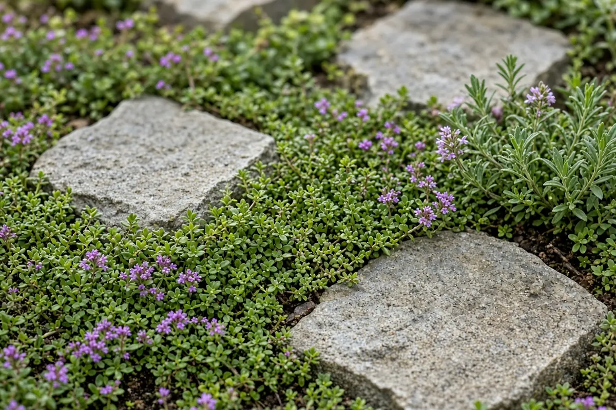 Close view of low herbs along a stepping stone path