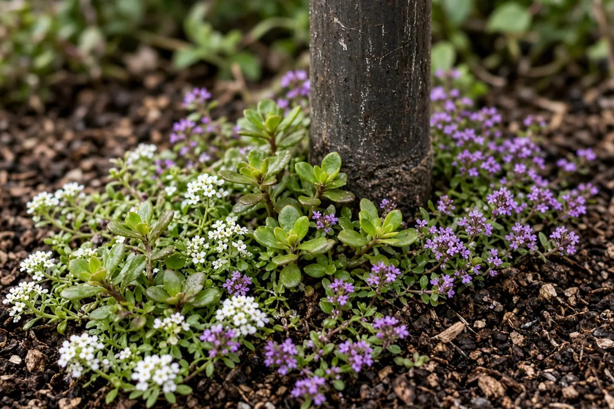 Close view of low plants around a post