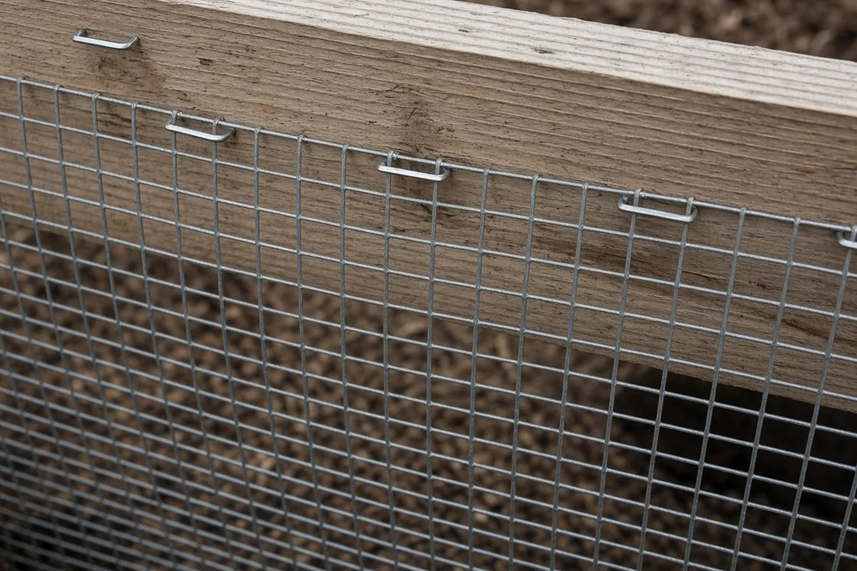 Close view of mesh stapled to the side of a frame