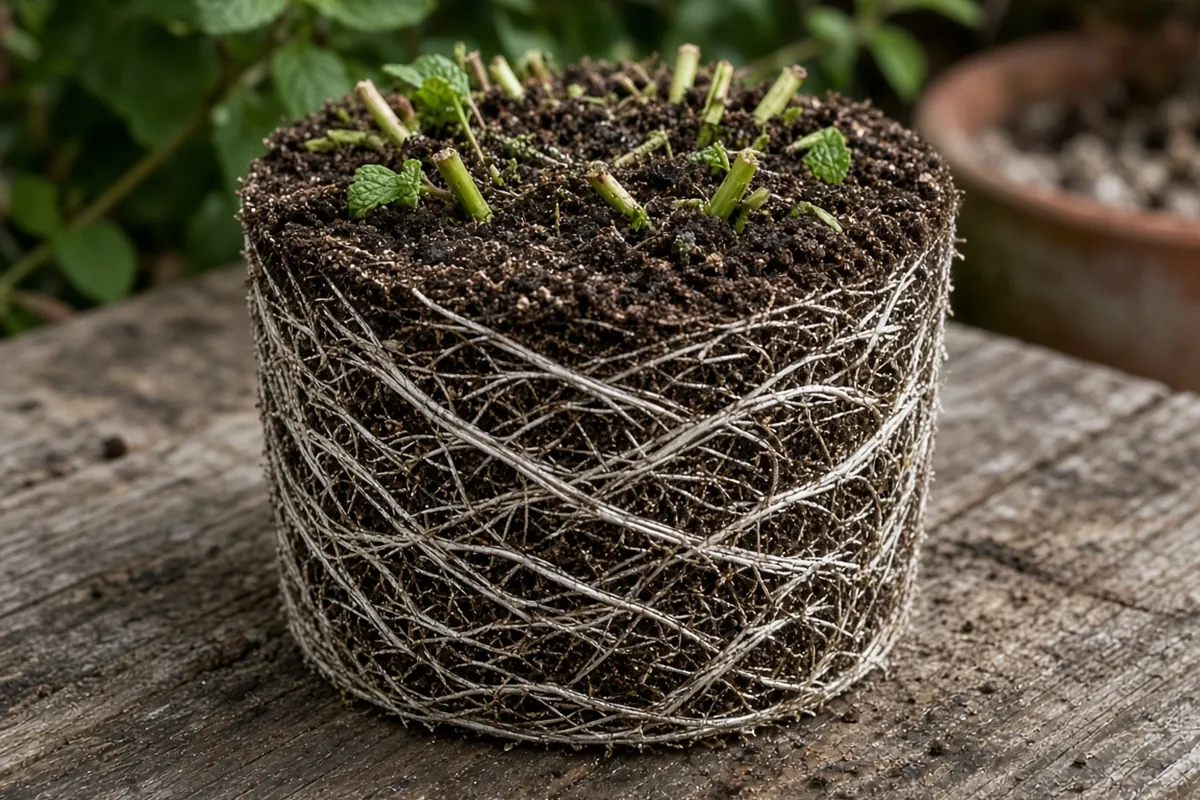 Close view of mint roots circling a pot
