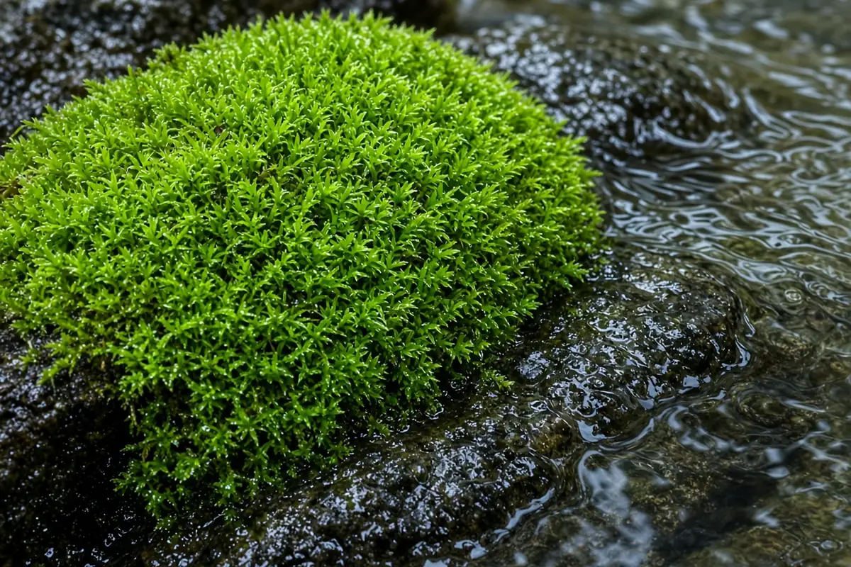 Close view of mosses on wet stones near water