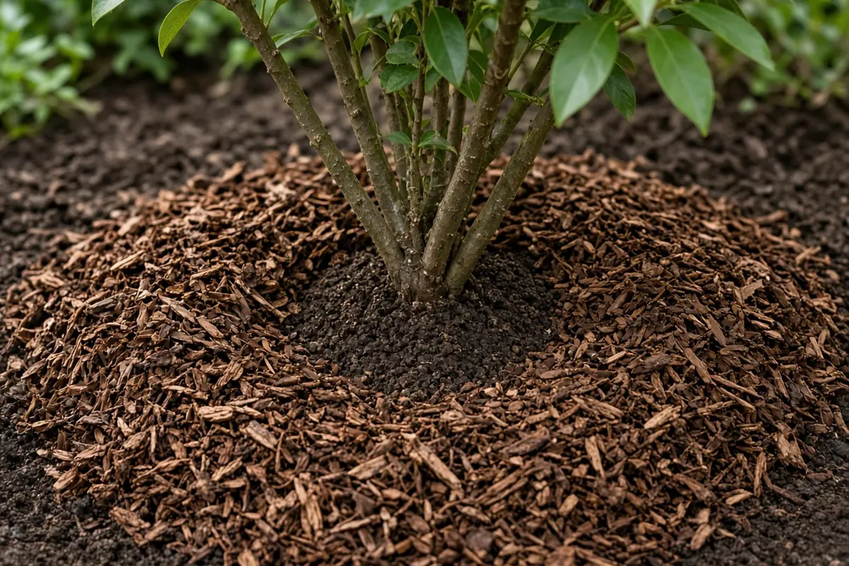Close view of mulch around the base of a shrub