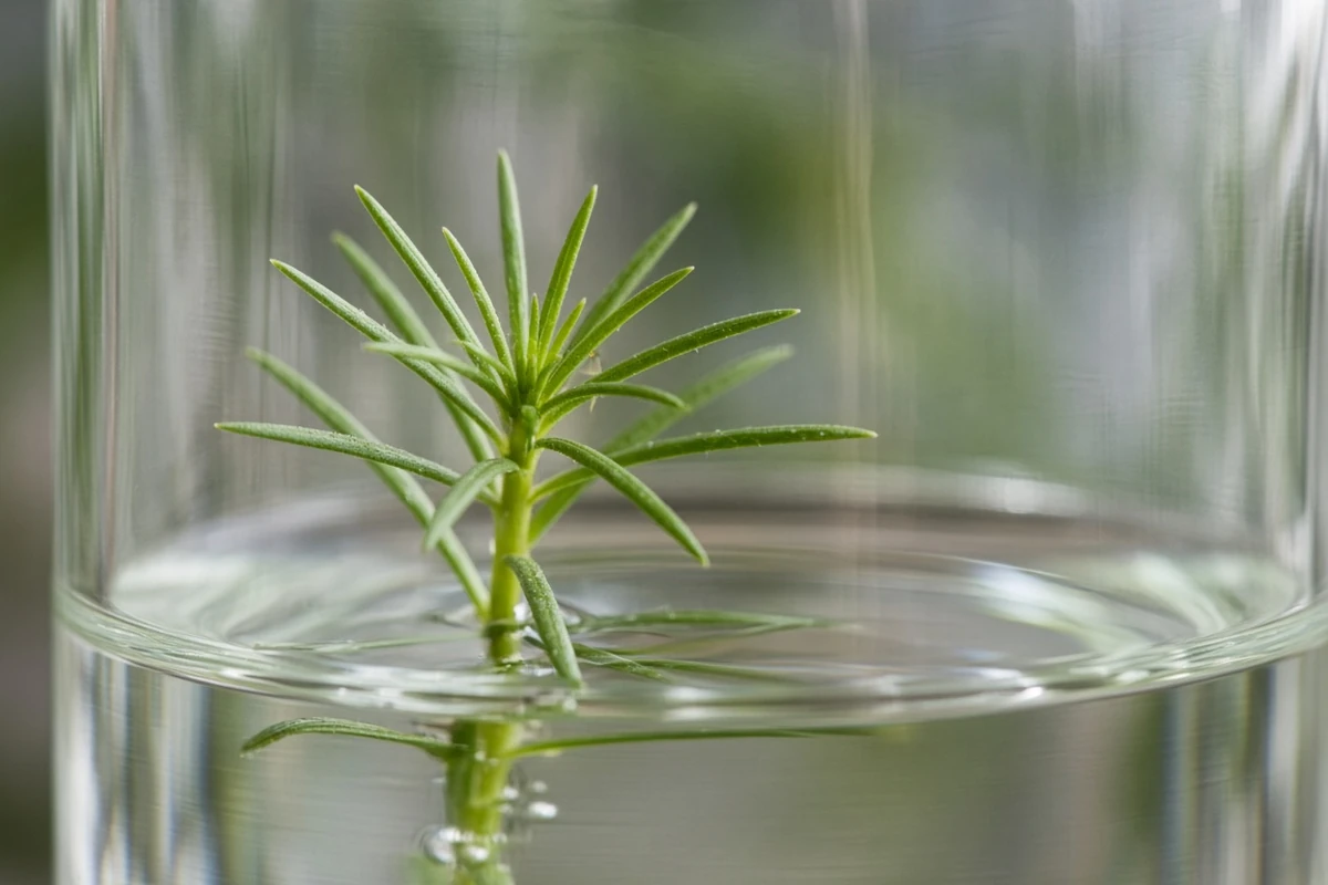 Close view of narrow pogostemon leaves above a water line