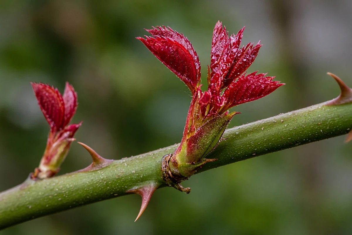 Close view of new red shoots on a rose cane
